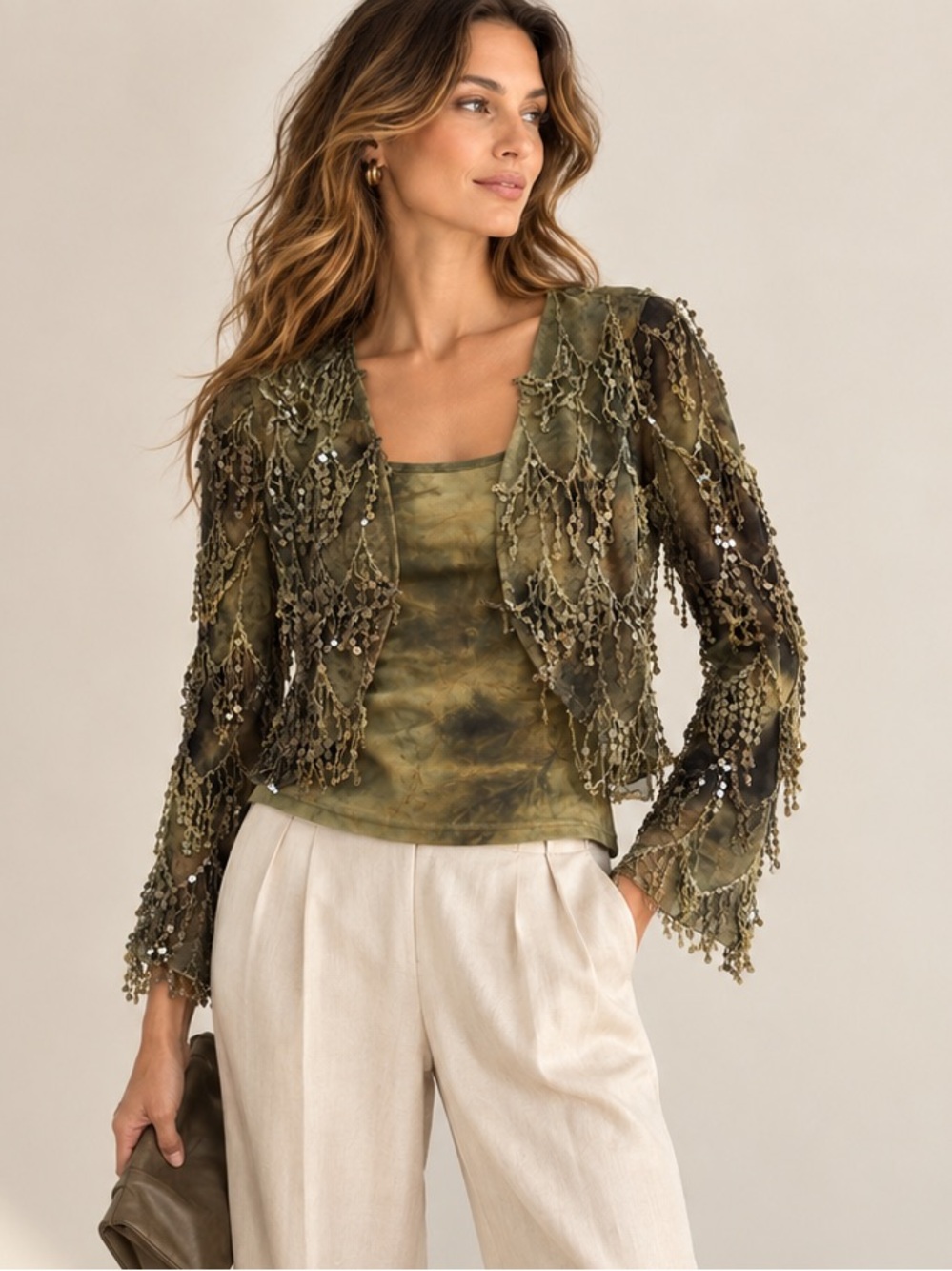 Vintage Joseph Ribkoff Olive Sequin Fringe Jacket Tank Set Green Size 6